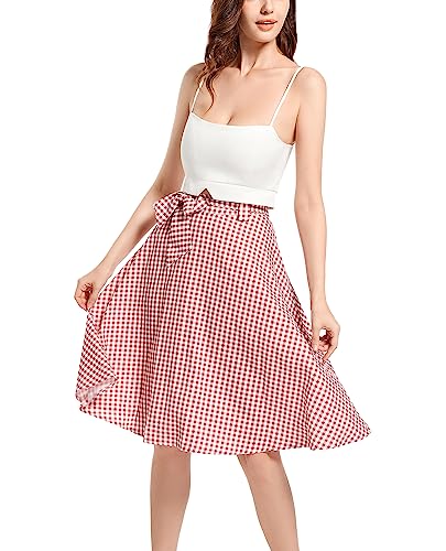 Rock Damen Hohe Taille Kariert Vintage Elegant Casual Party Midi Röcke A-Linie Swing Faltenrock mit Gürtel L von Artykey