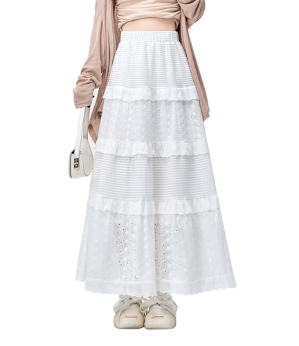 Rock Damen Lang 2024 Elegant Hohe Taille Maxirock Gestufter Freizeitrock Hochzeit Cocktail Skirt Summer Weißer Plisseerock M von Artykey