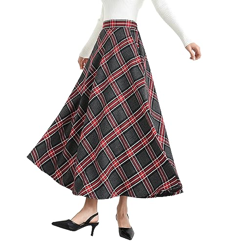 Rock Damen Lang Hohe Taille Karierter Winterrock Vintage Elegant Plaid Warm Maxi Röcke Retro Elastische Taille A Linie Casual Party Midi Faltenrock Red L von Artykey