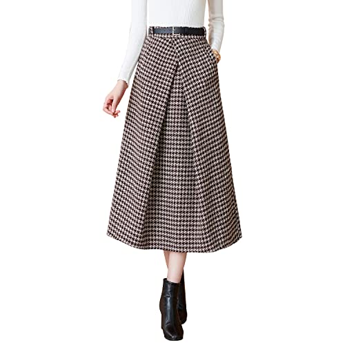Rock Damen Lang Hohe Taille Winterrock Hahnentritt Warm Wollrock Vintage Maxi röcke Elegant Herbst Elastische Taille A Linie Casual Faltenrock Brown L von Artykey