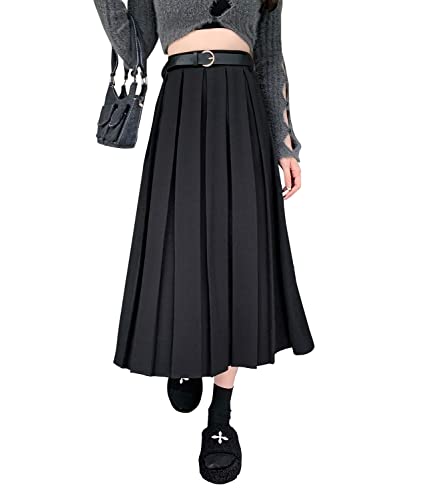 Rock Damen Lang Winterrock Hohe Taille Vintage Elegant Midi röcke Elastische Taille Warm A Linie Casual Party Einfarbiger Faltenrock Mit Gürtel Black L von Artykey
