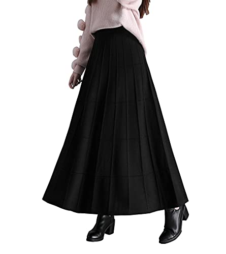 Rock Damen Lang Winterrock Vintage Elegant Warm Strickrock Hohe Taille Maxi röcke Retro Elastische Taille A Linie Casual Party Faltenrock Black L von Artykey