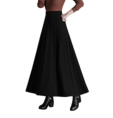 Rock Damen Lang Winterrock Vintage Elegant Warm Strickrock Hohe Taille Maxi röcke Retro Elastische Taille A Linie Casual Party Faltenrock Black L von Artykey