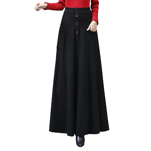 Rock Damen Lang Winterrock Vintage Elegant Warm Strickrock Hohe Taille Maxi röcke Retro Elastische Taille A Linie Casual Party Faltenrock Black L von Artykey