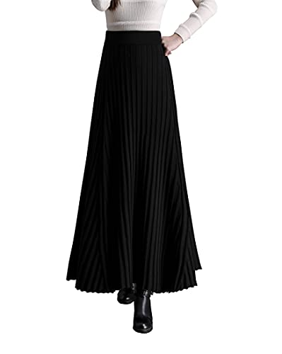 Rock Damen Lang Winterrock Vintage Elegant Warm Strickrock Hohe Taille Maxi röcke Retro Elastische Taille A Linie Casual Party Faltenrock Black L von Artykey