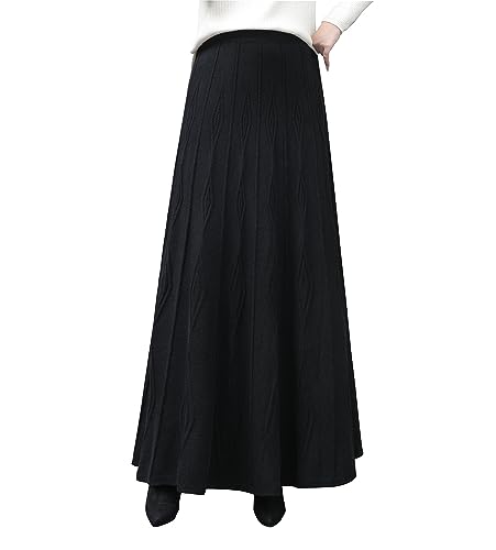 Rock Damen Lang Winterrock Vintage Elegant Warm Strickrock Hohe Taille Maxi röcke Retro Elastische Taille A Linie Casual Party Faltenrock Black S von Artykey