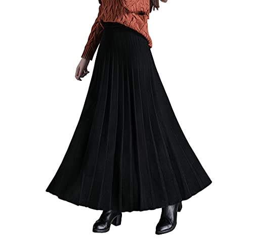 Rock Damen Lang Winterrock Vintage Elegant Warm Strickrock Hohe Taille Maxi röcke Retro Elastische Taille A Linie Casual Party Faltenrock Black XL von Artykey