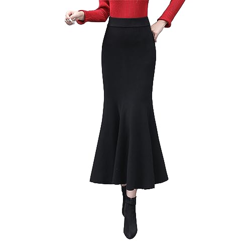 Rock Damen Lang Winterrock Vintage Elegant Strickrock Hohe Taille Maxi röcke A Linie Faltenrock Schwarz XL von Artykey