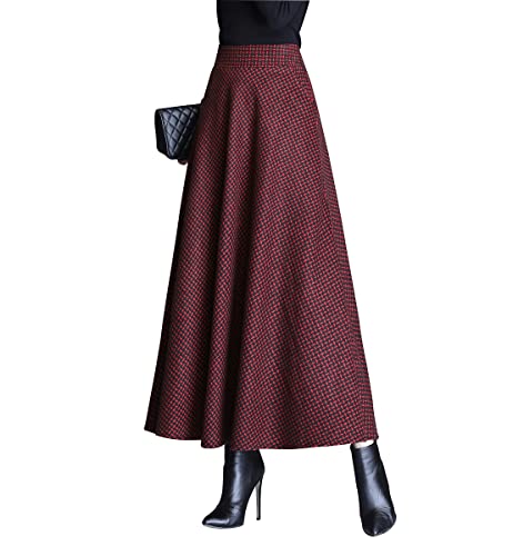 Rock Damen Langer Winterrock Houndstooth Vintage Warm Wollrock hohe Taille Maxi röcke Retro Elegant Elastische Taille A Linie Casual Party Midi Faltenrock Grey L von Artykey