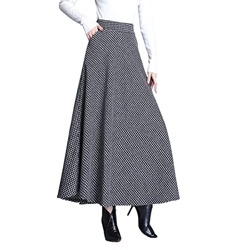 Rock Damen Langer Winterrock Houndstooth Vintage Warm Wollrock hohe Taille Maxi röcke Retro Elegant Elastische Taille A Linie Casual Party Midi Faltenrock Grey L von Artykey