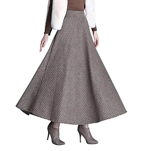 Rock Damen Langer Winterrock Houndstooth Vintage Warm Wollrock hohe Taille Maxi röcke Retro Elegant Elastische Taille A Linie Casual Party Midi Faltenrock Grey S von Artykey