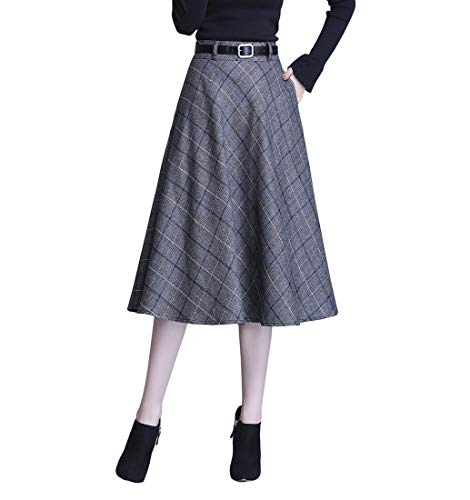 Rock Damen Midi Winterrock Vintage Elegant Warm Wollrock Hohe Taille lang röcke Retro A Linie Casual Party Faltenrock Gürtel Grey S von Artykey