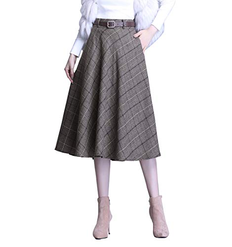 Rock Damen Midi Winterrock Vintage Elegant Warm Wollrock Hohe Taille lang röcke Retro A Linie Casual Party Faltenrock Gürtel Khaki L von Artykey