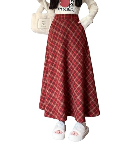 Rock Lang Damen Elegant Hohe Taille Maxi Winterrock Vintage A Linie Karierter Röcke Faltenrock rot L von Artykey