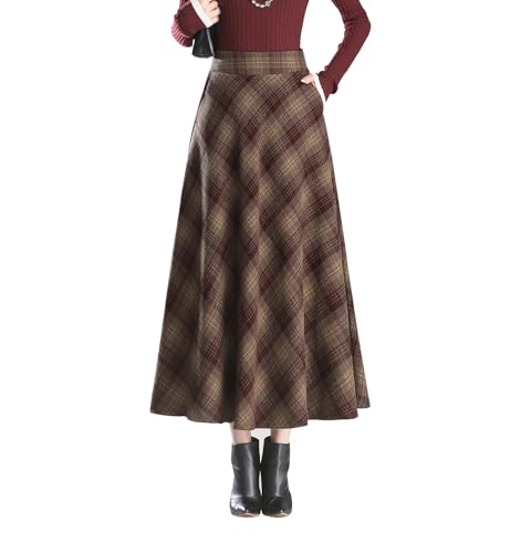Rock Lang Damen Elegant Hohe Taille Maxi Winterrock Vintage A Linie Karierter Röcke Faltenrock Rot S(Elastische Taille:66cm) von Artykey