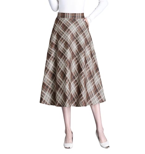 Rock Lang Damen Hohe Taille Elegant Midi Winterrock Vintage Karierter A Linie Elastische Taille Röcke Faltenrock Red A XL von Artykey