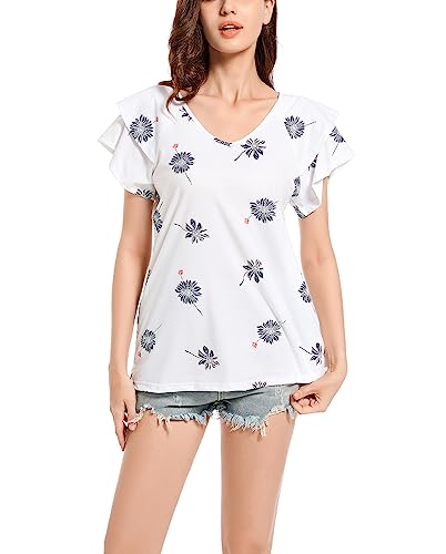 Tshirt Damen Bedruckte Rüschen Doppellagige Ärmel Baumwolle Tops Sommer Elegant Tunika Kurzarm V-Ausschnitt T-Shirts Lose Sportshirt Weiß L von Artykey