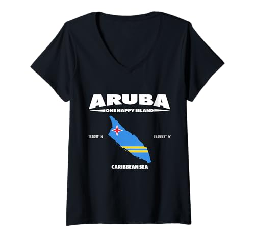 Damen Aruba-Kartenkoordinaten, Aruba-Flagge, Aruba-Spitzname T-Shirt mit V-Ausschnitt von Aruba Design