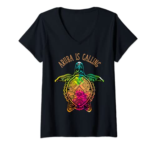 Damen Mandala Schildkröte Karibik Urlaub Aruba T-Shirt mit V-Ausschnitt von Aruba Urlaubsoutfit Herren & Damen