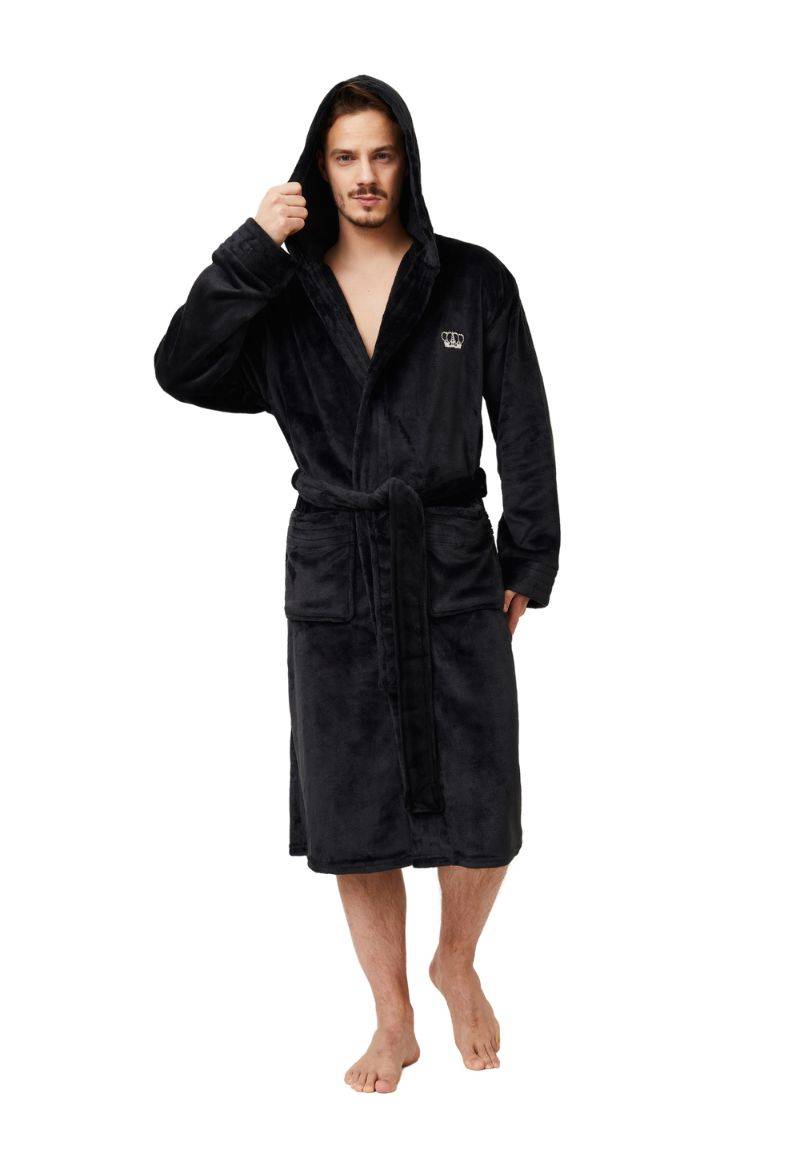 Zwarte herenbadjas met kroonborduring borst - capuchon - fleece-xl von Aruelle