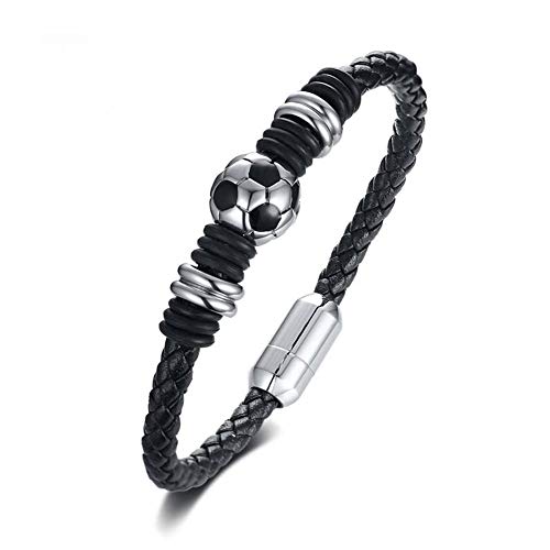 Aruie Herren-Armband aus Leder Edelstahl mit Fußball-Fußball, Magnetverschluss, geflochten, Sport, Biker, Handschmuck von Aruie