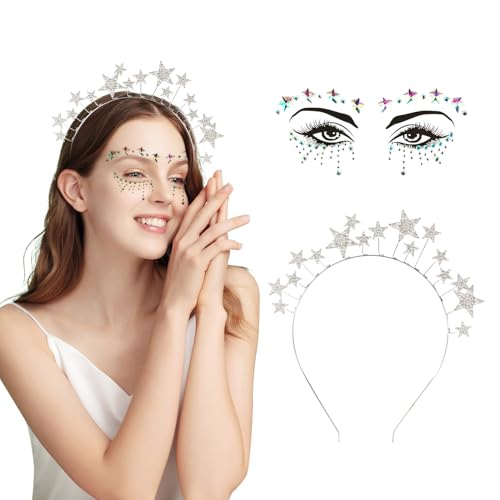Sterne Haarreif Silber Sterne Stirnband Strass Haarband Gesichtstattoo Karneval Fasching Halloween Geburtstag Party Kostüm Haarreifen Glitzer Haarschmuck für Damen Mädchen von Aruigu