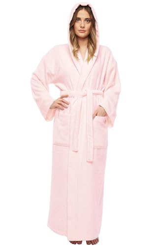 Arus Bademantel Hooded Classic, für Damen mit Kapuze, wadenlang oder knöchellang, 100% Baumwolle-Frottee, ÖKO-TEX zertifiziert (S-M Extra Lang, Pink) von Arus