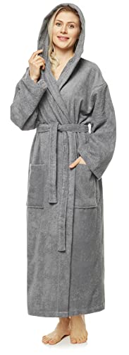 Damen-Bademantel mit Kapuze, knöchellang, Baumwolle, S-M Lang, Grau von Arus