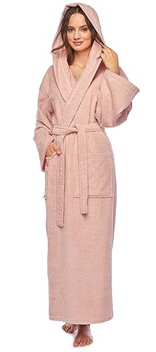 Damen-Bademantel mit Kapuze, knöchellang, Baumwolle, L-XL Lang, Altrosa von Arus