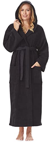 Damen-Bademantel mit Kapuze, knöchellang, Baumwolle, L-XL Lang, Schwarz von Arus