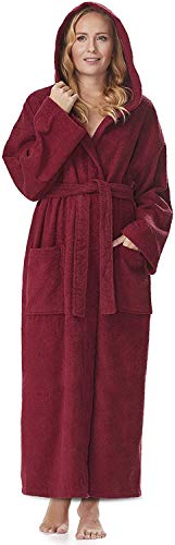 Damen-Bademantel mit Kapuze, knöchellang, Baumwolle, XL-XXL Lang, Bordeaux von Arus