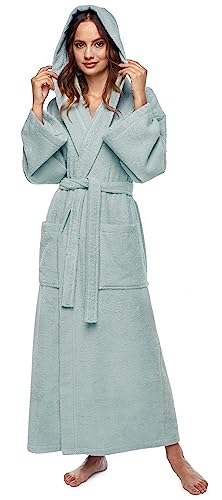 Damen-Bademantel mit Kapuze, knöchellang, Baumwolle, XL-XXL Lang, Hellgrün von Arus