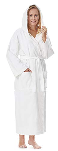 Damen-Bademantel mit Kapuze, knöchellang, Baumwolle, XL-XXL Lang, Weiß von Arus