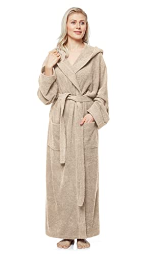 Damenbademantel mit Kapuze, knöchellang, Baumwolle, XL-XXL Lang, Latte von Arus