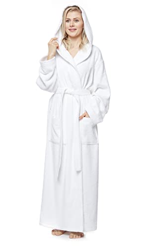 Damenbademantel mit Kapuze, knöchellang, Baumwolle, XL-XXL Lang, Weiß von Arus