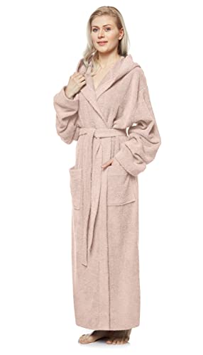 Damenbademantel mit Kapuze, knöchellang, Baumwolle, S-M Lang, Altrosa von Arus