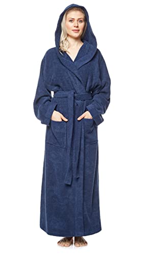 Damenbademantel mit Kapuze, knöchellang, Baumwolle, L-XL Lang, Marine von Arus