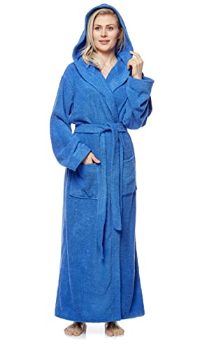 Damenbademantel mit Kapuze, knöchellang, Baumwolle, L-XL Lang, Royalblau von Arus