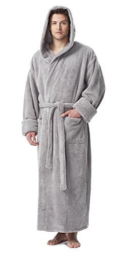 Arus Herren Fleece Robe Lange Kapuze Türkischer Bademantel - Grau - Small-Medium von Arus