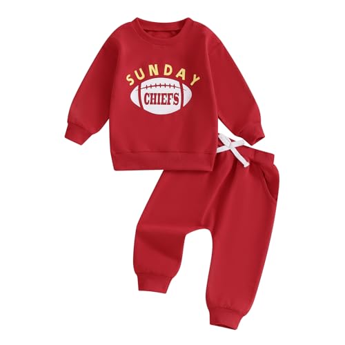 Arvbitana Kleinkind Baby Jungen Fußball Outfit Langarm Sonntag Fußball Chiefs Print Sweatshirt Hose Set Herbst Winter Kleidung, A-Rot-Weiß, 6-12 Monate von Arvbitana
