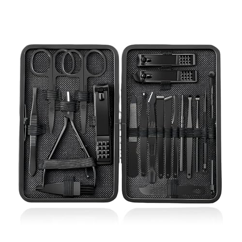 Arvoni Maniküre Set, 20 Stück Nagelschere Set Edelstahl, Maniküre Pediküre Set Professionelle, Nagelknipser Set Nagelpflegeset mit Tragbarem Lederetui, für Männer Frauen Schwarz von Arvoni