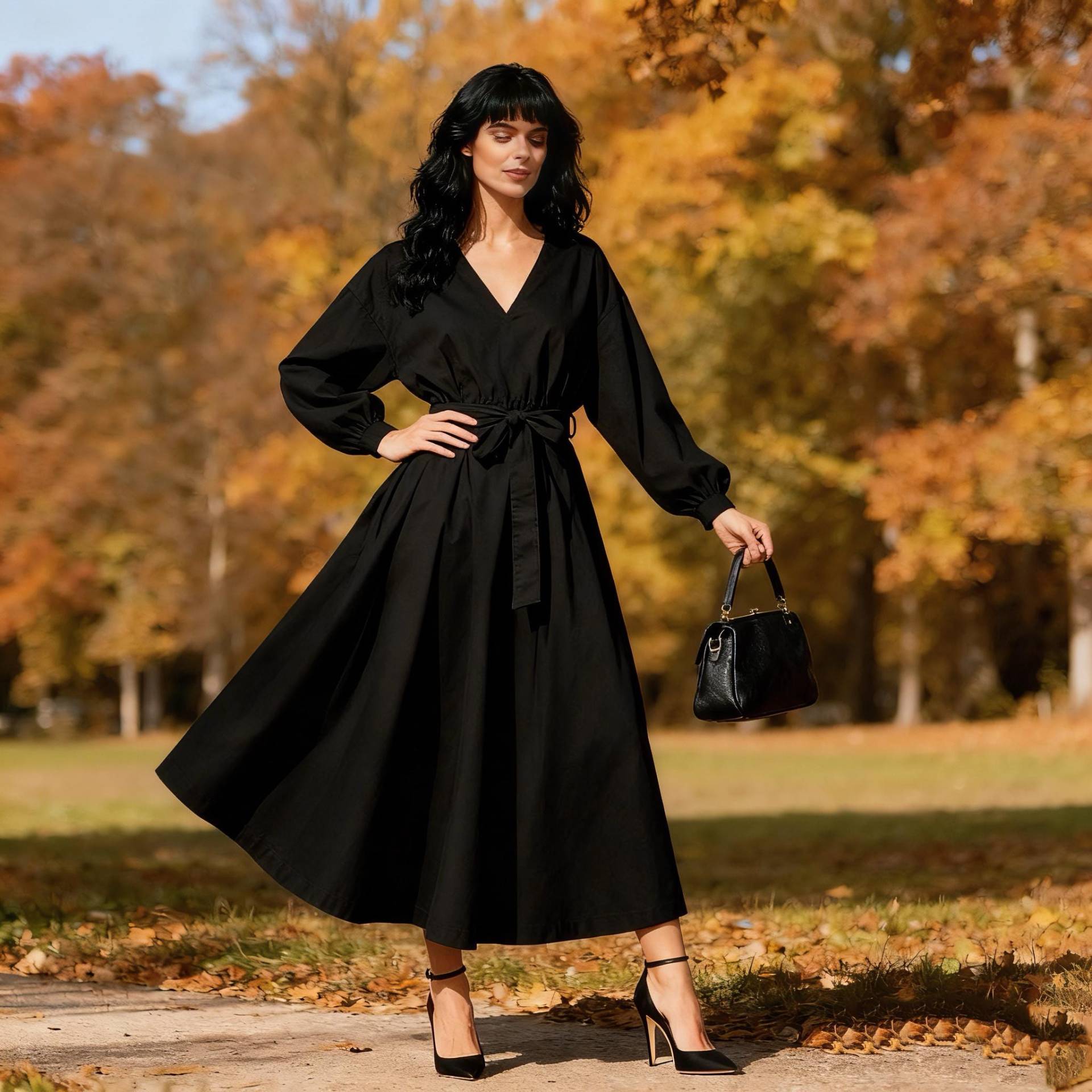 A-Line Dress Black V-Neck Midi With Belt Long Sleeve Cotton Blend For Women, Casual Spring Autumn von Arvoryn