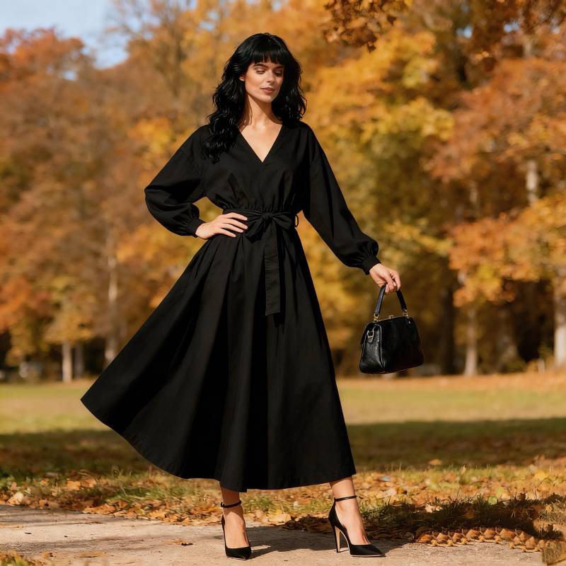 A-Line Dress Black V-Neck Midi With Belt Long Sleeve Cotton Blend For Women, Casual Spring Autumn von Arvoryn