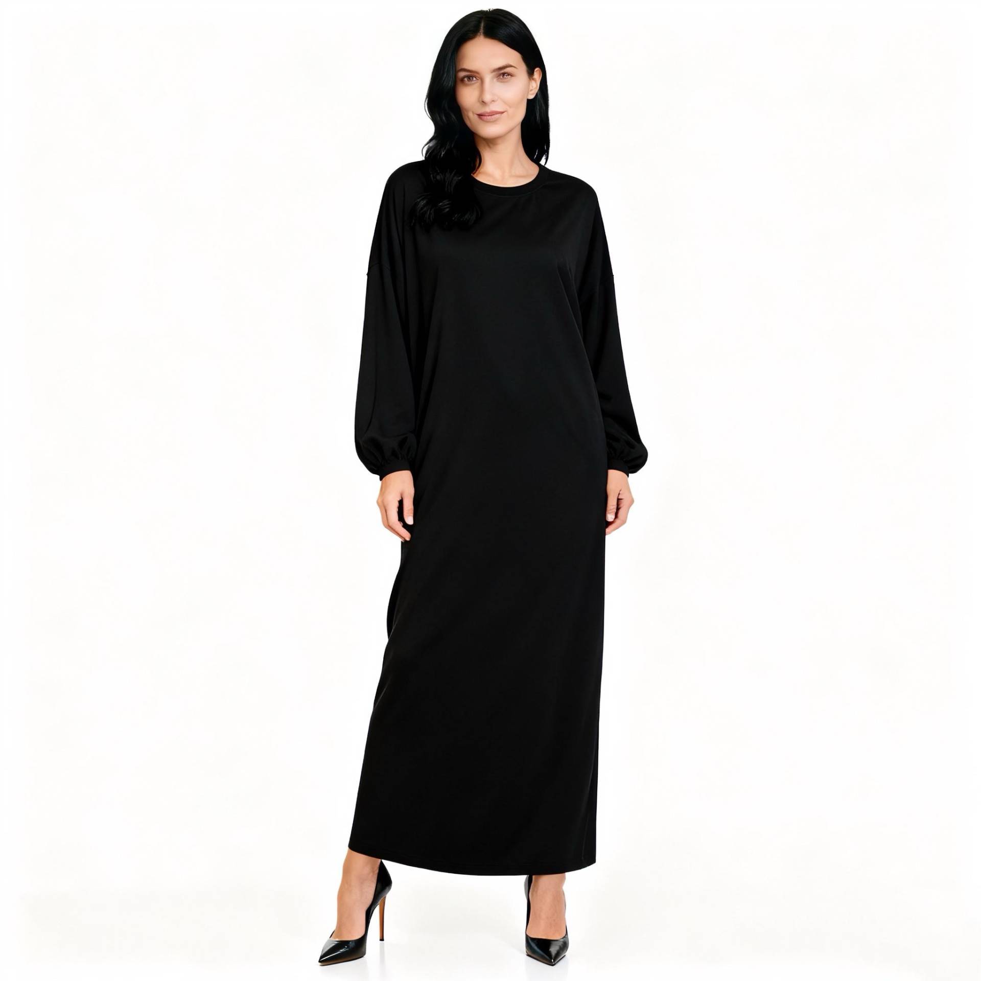 Black Long Sleeve Maxi Dress With Pockets, Casual Cotton Blend Round Neck For Women, Spring Fall Minimalist Style von Arvoryn