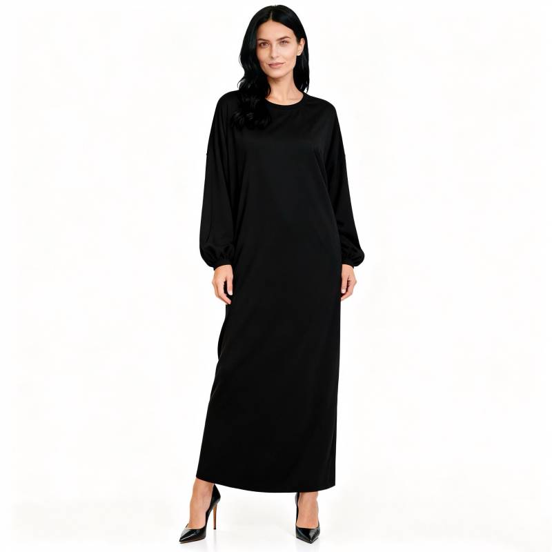 Black Long Sleeve Maxi Dress With Pockets, Casual Cotton Blend Round Neck For Women, Spring Fall Minimalist Style von Arvoryn