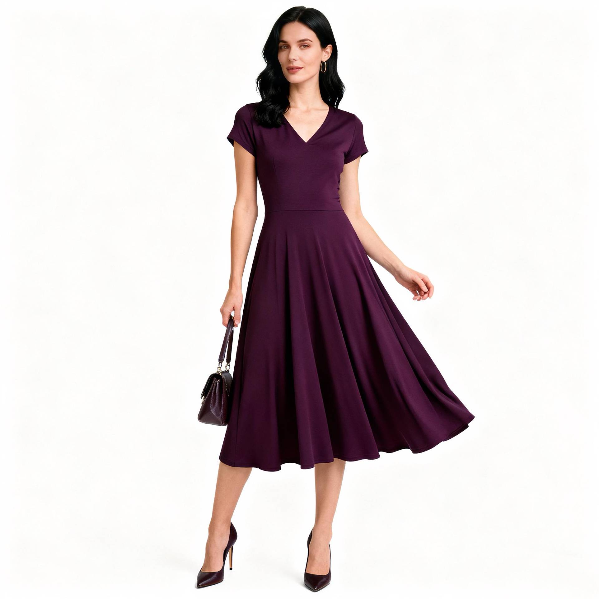 Dark Purple Midi Dress For Women, Short Sleeve V Neck Dress, Casual Work Office Party Flowy Daily Wear von Arvoryn
