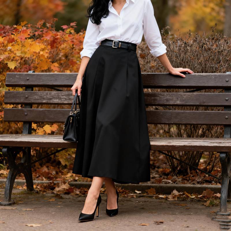 Elegant Black Midi Skirt For Women, Office & Daily A-Line Skirt, Minimalist Spring Autumn Fashion von Arvoryn
