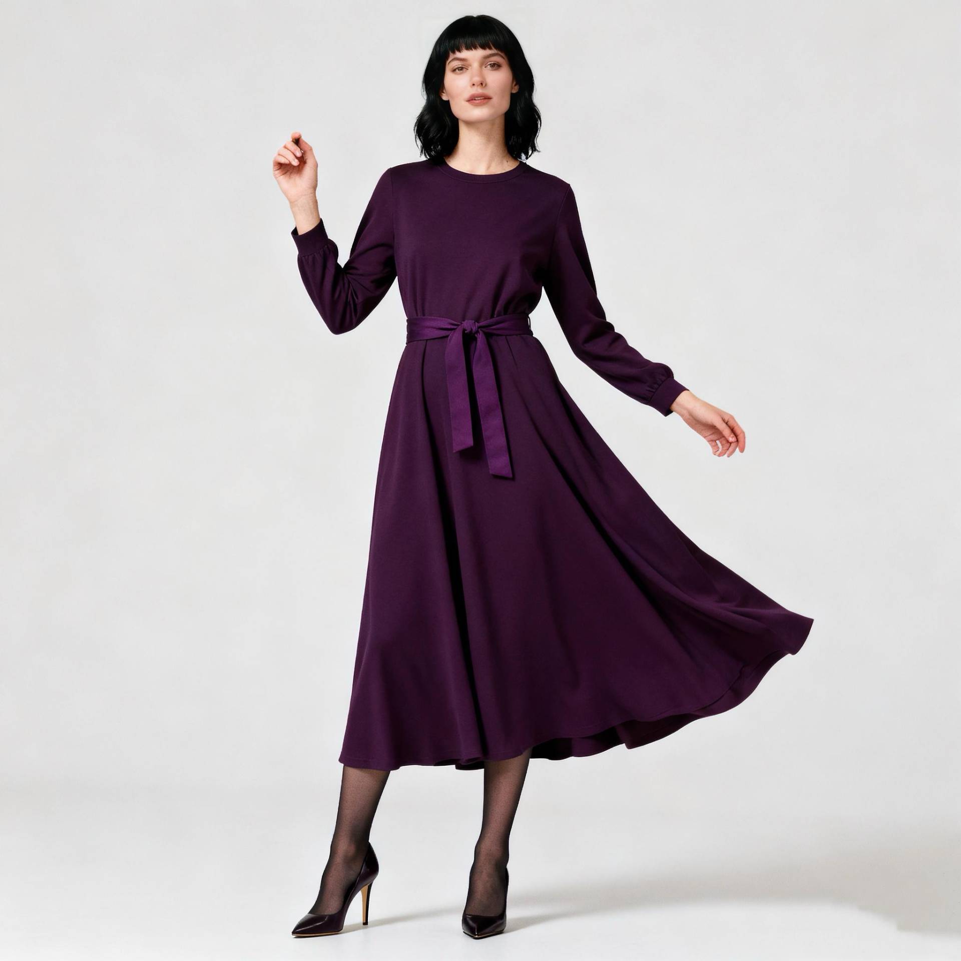 Elegant Dark Purple Long Sleeve Maxi Dress For Women, Minimalist Belted Flowy A-Line Dress, Autumn Spring Office & Daily Wear von Arvoryn