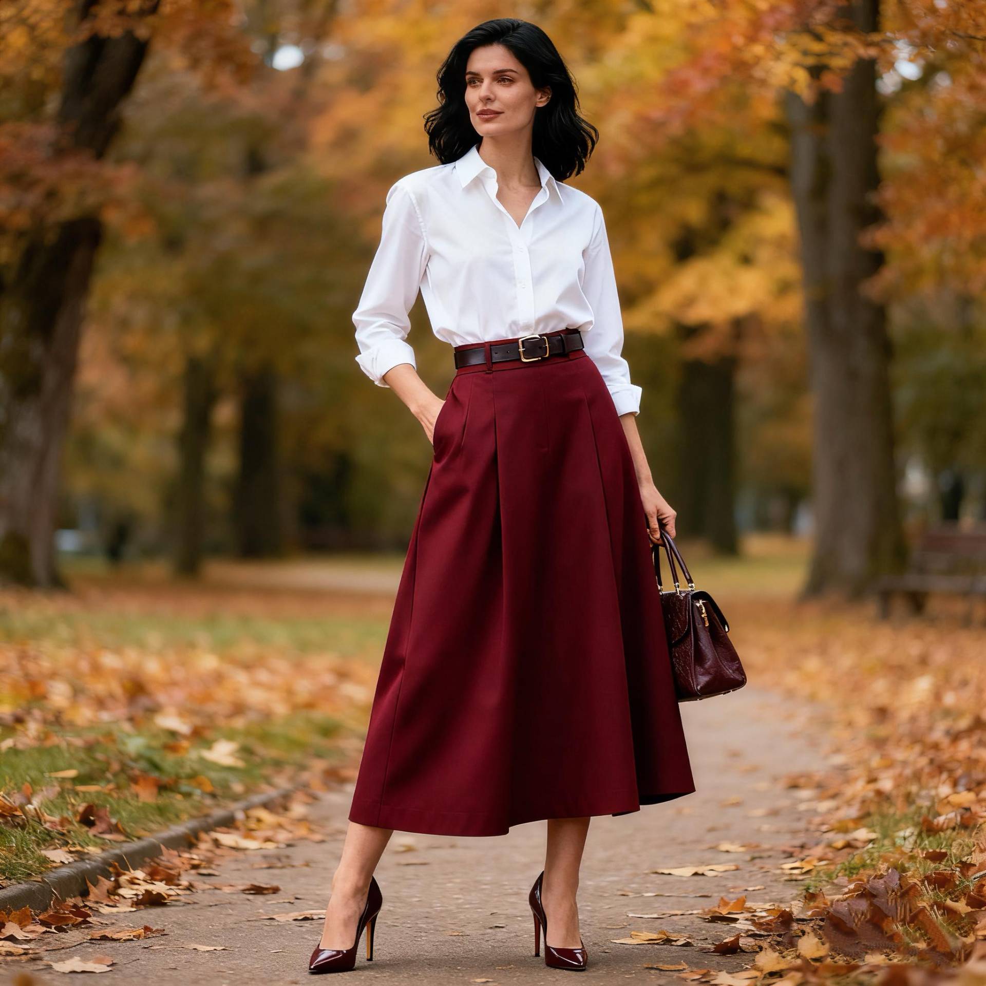 Elegant Dark Red Midi Skirt For Women, A-Line High Waist Office & Casual Wear, Spring Autumn Minimalist Fashion von Arvoryn