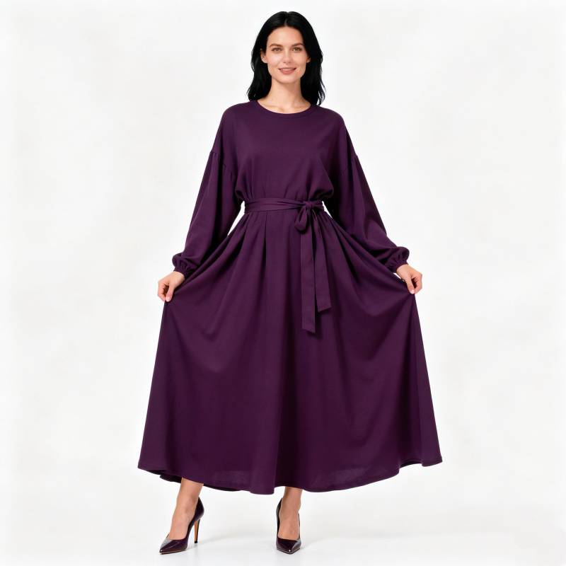 Elegant Purple Maxi Dress With Belt & Pockets, Long Sleeve Round Neck For Women Daily Wear von Arvoryn